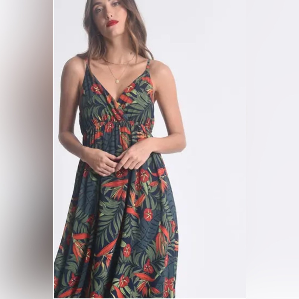 Molly Bracken Tropical Maxi Dress Adjustable Straps Blue & Green Floral Print XS